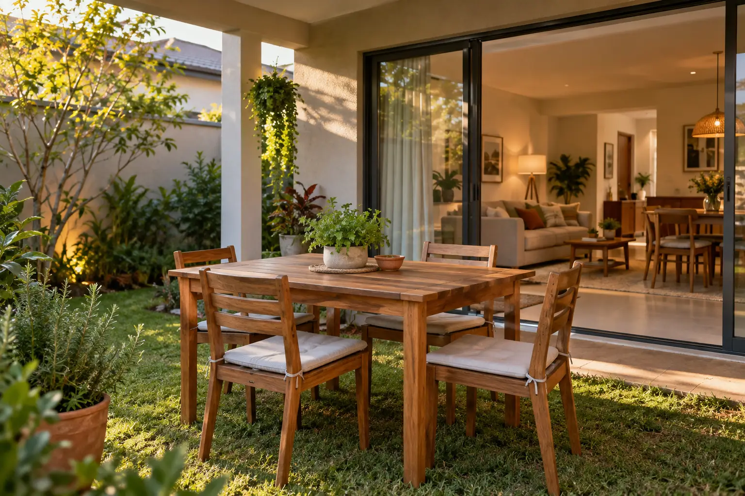 Ilustração gerada por IA de quintal com mesa, plantas e integração com a sala