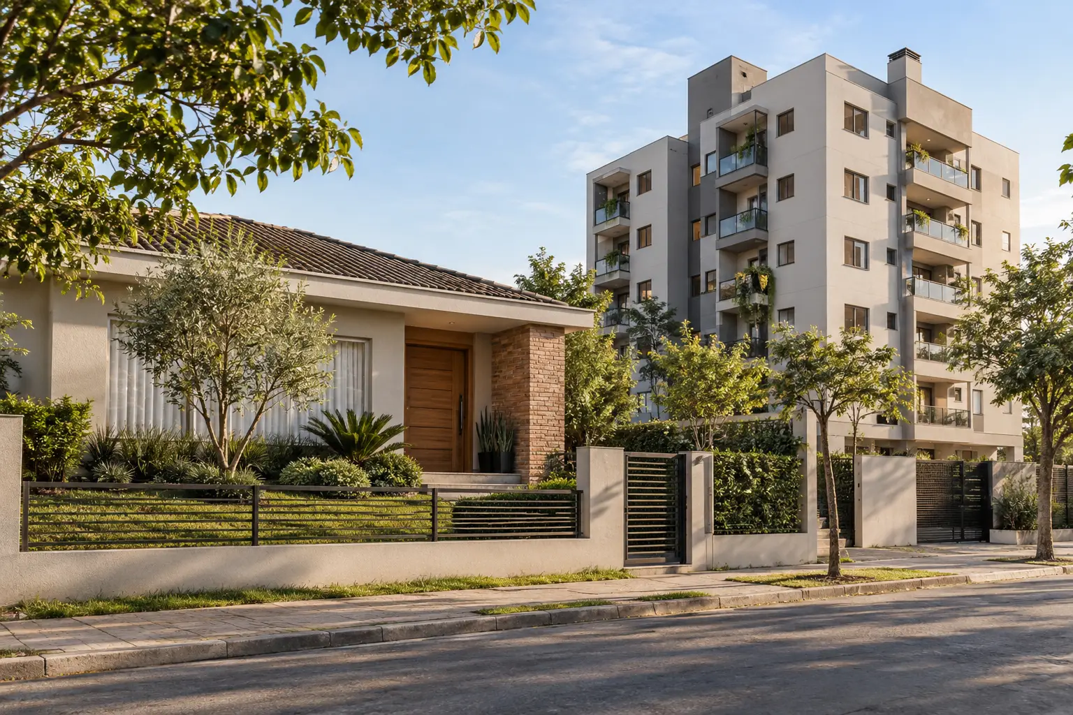 Ilustração gerada por IA de uma casa com jardim e um edifício residencial