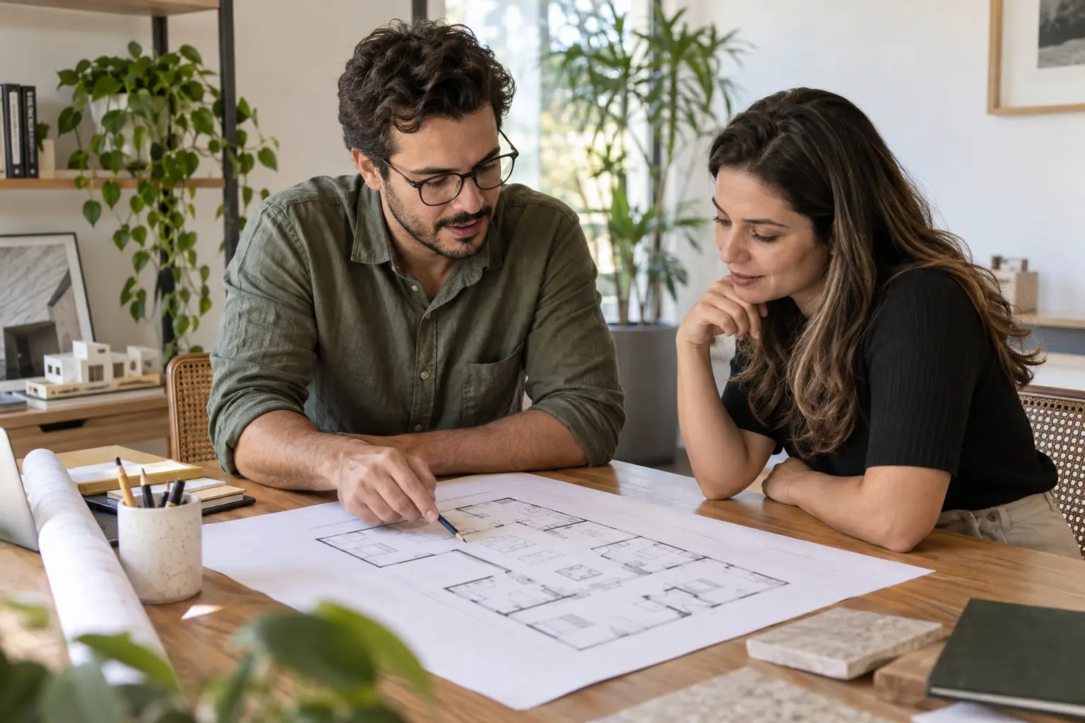 Ilustração gerada por IA de duas pessoas analisando uma planta residencial