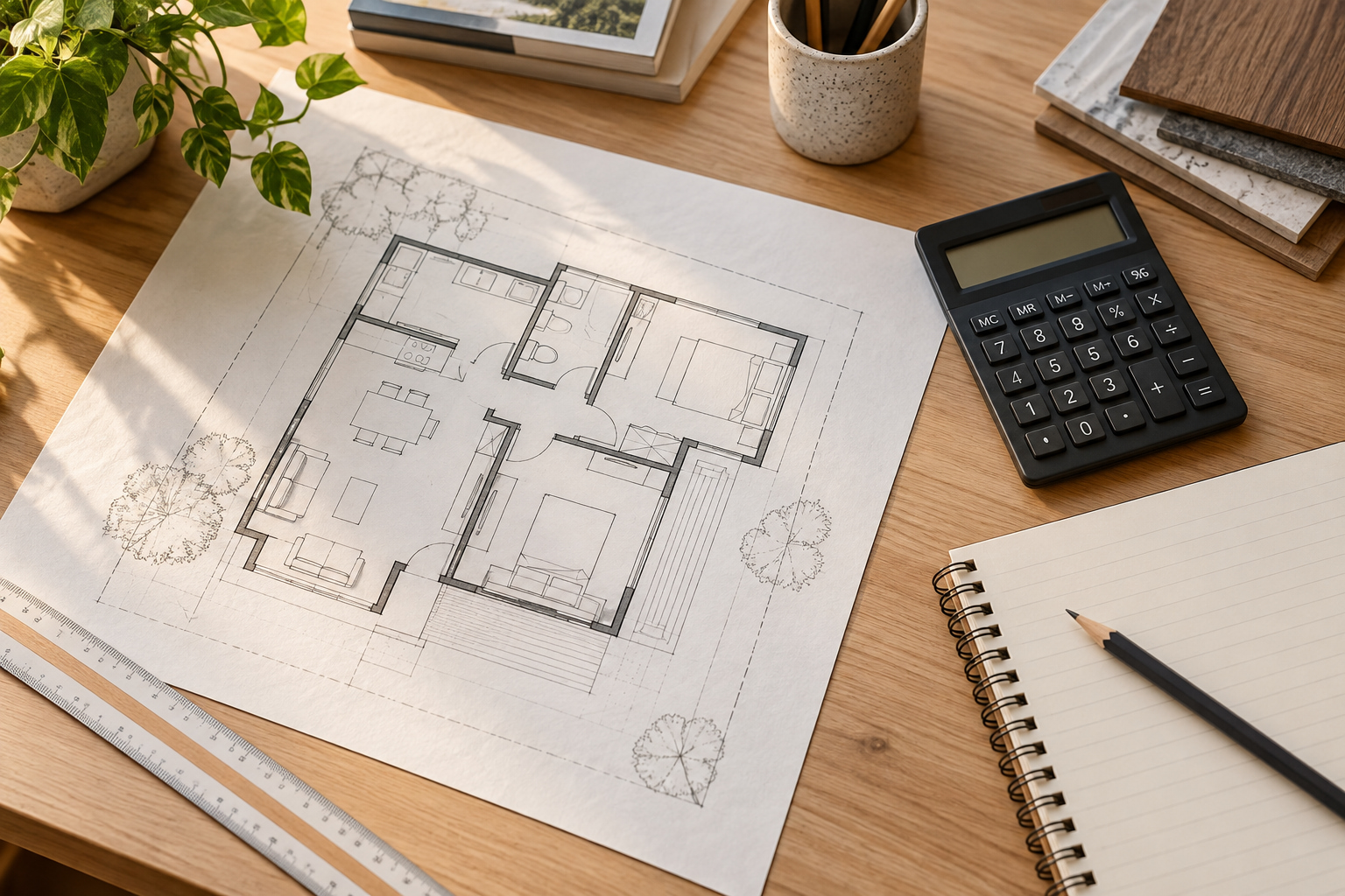 Ilustração gerada por IA de planta de casa, calculadora e caderno de planejamento