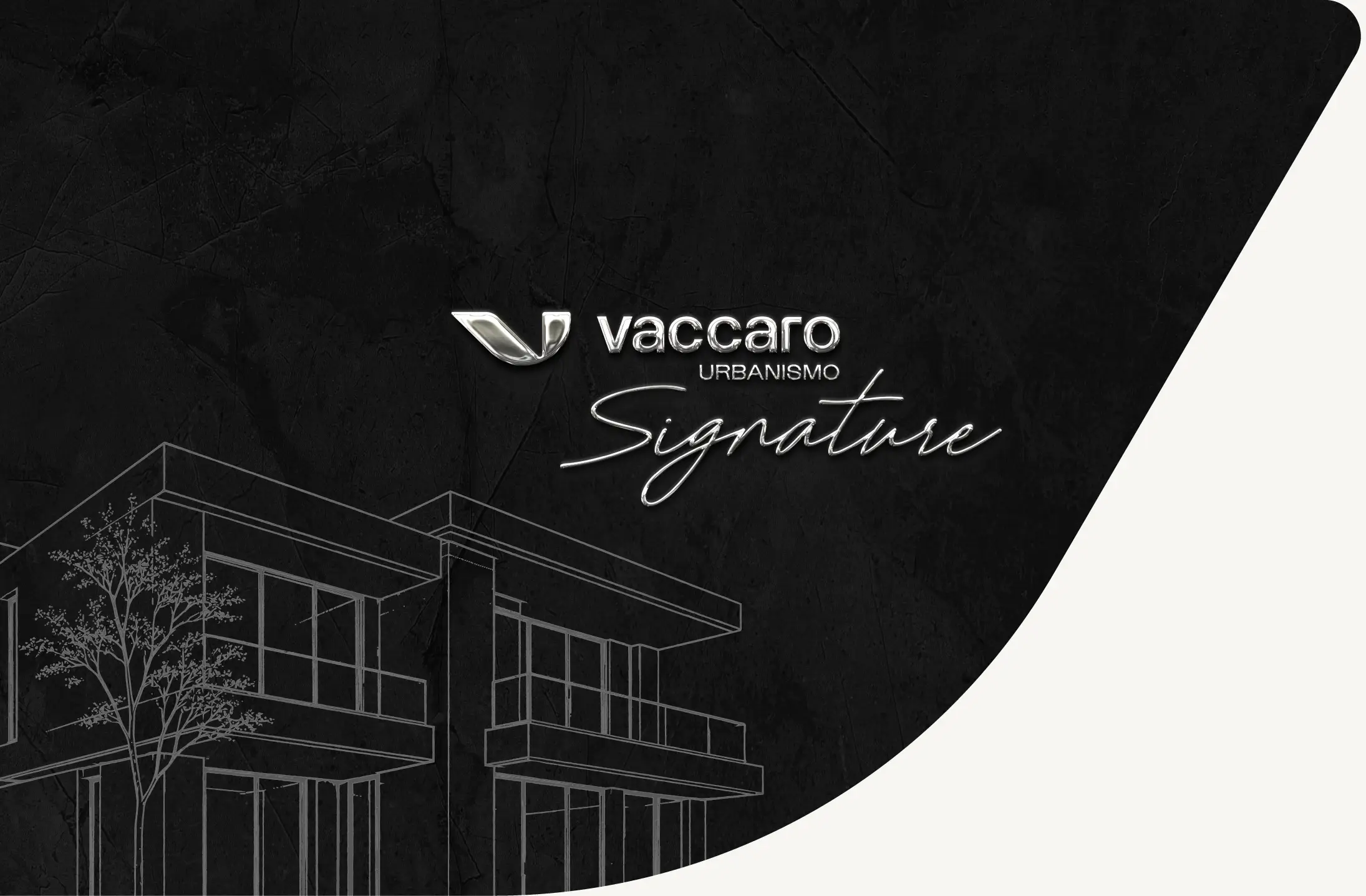 Vaccaro Urbanismo Signature: assinatura metálica sobre textura escura e desenho arquitetônico.